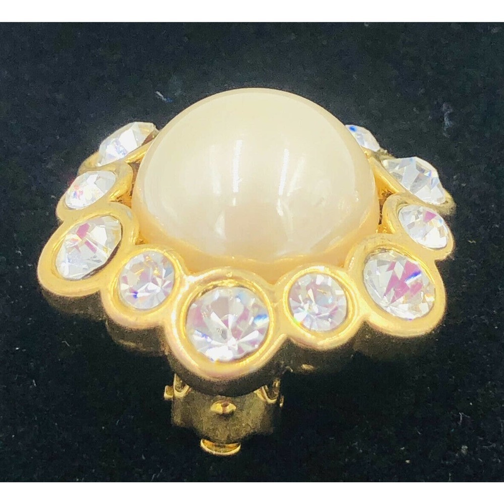 Gold Tone Crystal Cabochon Pearl Clip Earrings - Picture 7 of 10